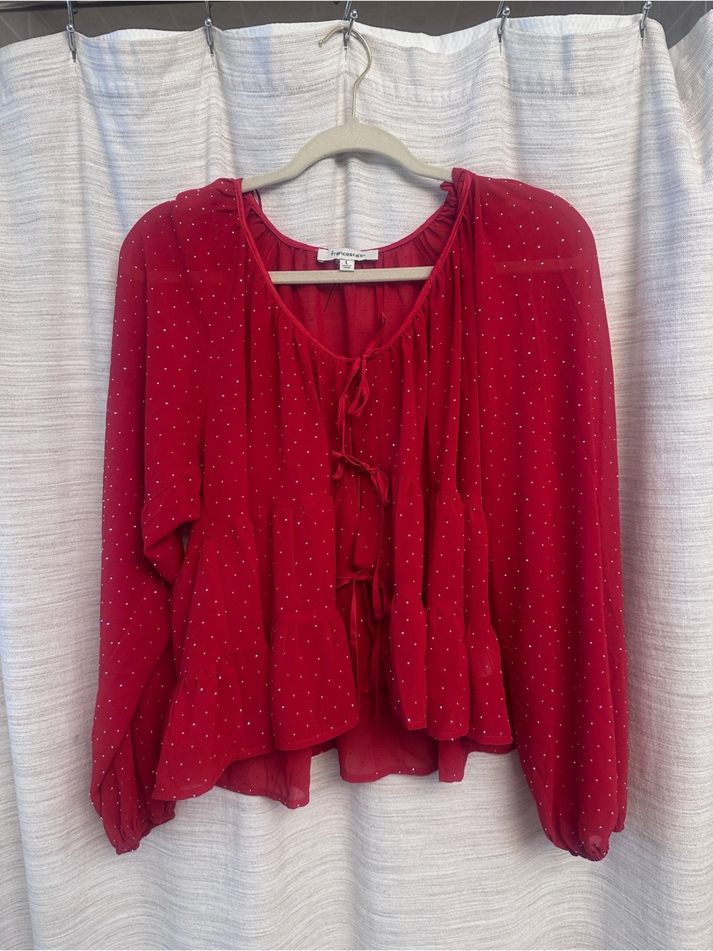 Francescas Red Polka jeweled Tie-Front Peasant Blouse
